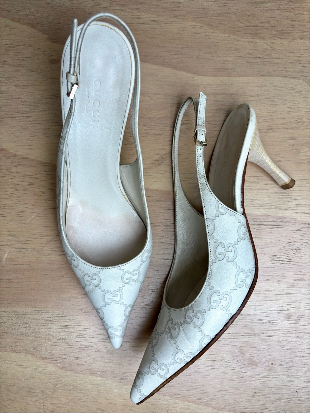Gucci Tom Ford Era White Leather Slingback Kitten Heels GG Guccisima Pointed Toe